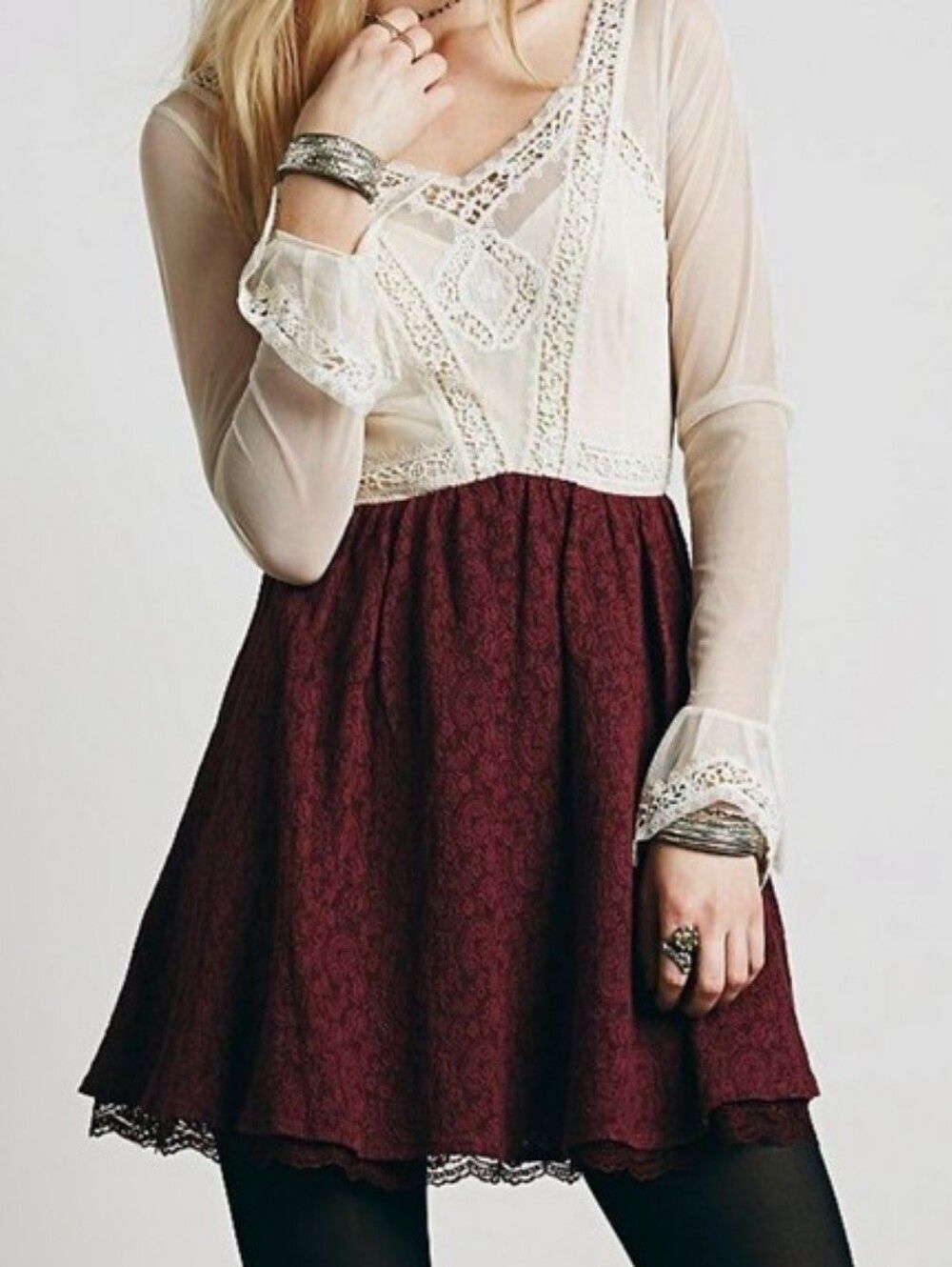 Free People Cream Lace Top with Burgundy Skirt Cocktail Dress Misses Size 10